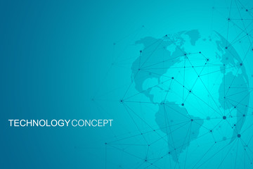 Aufkleber - Global network connections with world map. Internet connection background. Abstract connection structure. Polygonal space background. Vector illustration.