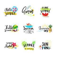 Wall Mural - hello summer badge set isolated typographic design label, season holidays lettering for logo,templates, invitation, greeting card, prints and posters. vector illustration