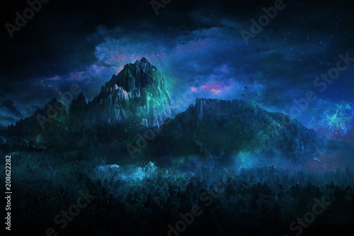 Plakat tajemniczy krajobraz górski niebieski