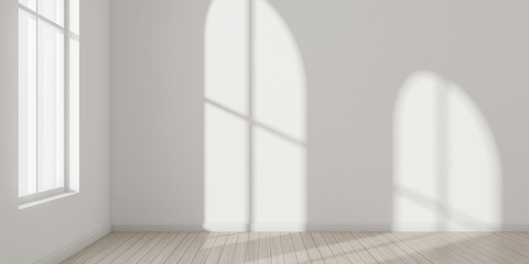 Wall Mural - 3D stimulate of white room interior and wood plank floor with sun light cast the arch window shadow on the wall,Perspective of minimal design architecture.