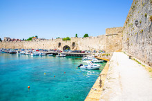 The Medieval Rampart In Rhodes Town, Unesco World Heritage, Rhodes Island, Mediterranean Sea, Greece