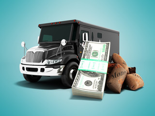 Modern concept of transporting money into a bank of black truck armored car front 3d rendering on blue background with shadow