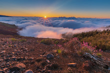 The Spectacle Of The Setting Sun In The Clouds.Sunset In The Teide Volcano National Park.