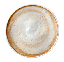 Top View Of Hot Coffee Latte Cappuccino Spiral Foam Isolated On White Background, Clipping Path Included