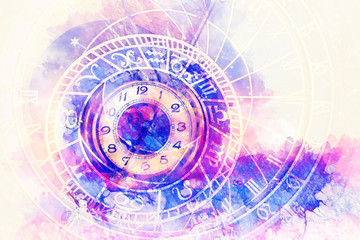 Fotobehang - astrological symbol Zodiac and vintage pocket watch. Abstract color background. Computer collage.