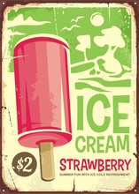 Ice Cream Vintage Ad Design With Pink Strawberry Ice Cream On Green Background. Retro Poster Advertising For Sweet Tasty Refreshment.