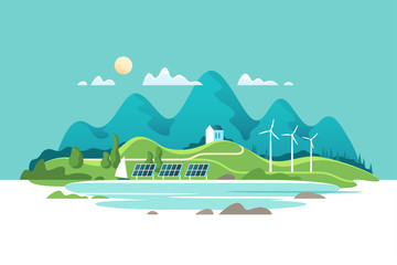 Wall Mural - Concept of green renewable energy. Summer landscape with house on a background lake and of forest mountains. Vector illustration.