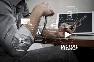 Poster - success businessman hand using eyeglass,smart phone,digital tablet docking smart keyboard on wood desk