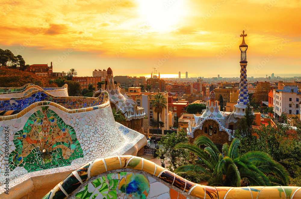 View of the city from Park Guell in Barcelona, Spain - obrazy, fototapety, plakaty 