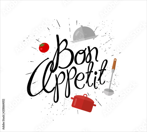 Plakaty do jadalni vector-inscription-for-the-menu-of-the-restaurant-or-cafe-pleasant-appetite-in-the-form-of-a-sketch-a-font-illustration-of-the-text-a-ladle-pans-and-a-tomato