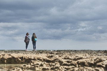 Wall Mural - Peace and natural harmony. Low angle of relaxed young women standing on stony coast and looking at the sea with pleasure. They are carrying rucksacks on their back. Copy space 