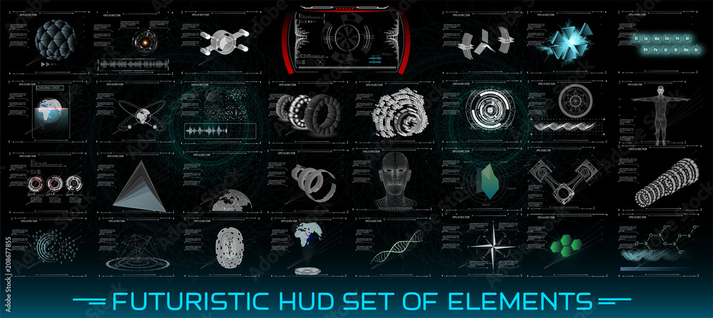 Futuristic HUD set of elements.3D Set abstract HUD elements for UI UX ...