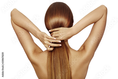Healthy Shiny Long Hair In Tale Beautiful Girl Holding Her