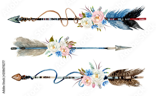 Download Watercolor ethnic boho set of arrows, feathers and flowers ...