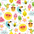 Seamless pattern of cute summer cartoon characters on white background