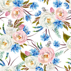 Wall Mural - Seamless watercolor floral pattern with flowers and leaves composition on white background, perfect for wrappers, wallpapers, postcards, greeting cards, wedding invitations, romantic events, etc.