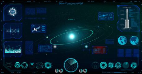 Wall Mural - Radar Screen. Futuristic User Interface ( Dashboard, Spaceship, Circle Elements, satellite, Data and Information ) Radar Screen in the HUD Style, Future Vector Illustration Your Design