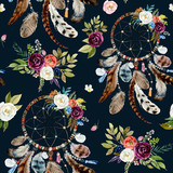 Seamless watercolor ethnic boho floral pattern - dreamcatchers and flowers on black background, Native American tribe decor, tribal navajo isolated illustration bohemian ornament, Indian, Peru, Aztec.