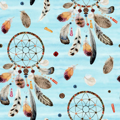 Seamless watercolor ethnic boho pattern - dream catchers and feathers on blue background, Native American tribe decoration print element, isolated illustration bohemian ornament, Indian, Peru, Aztec.