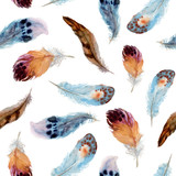 Watercolor boho seamless pattern of feathers on white background. Native american decor, print element, tribal bohemian navajo, Indian, Peru, Aztec wrapping.