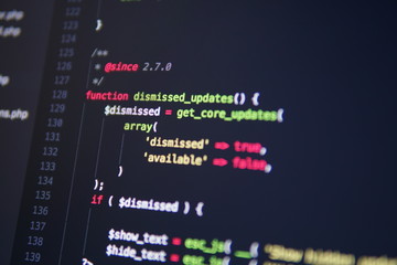 simple website html code with colorful tags in browser view on dark background. software developer p