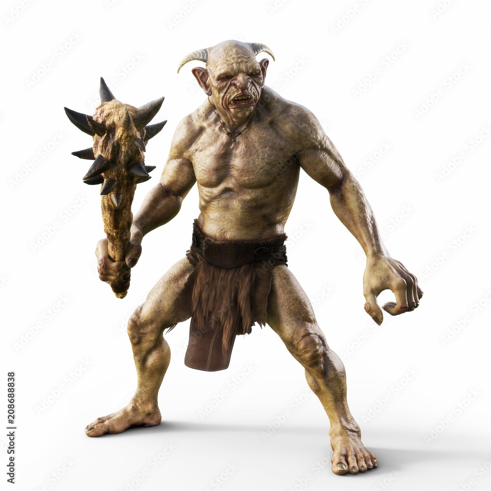 Portrait of a evil troll with spiked club, ready for battle on an isolated white background. 3d rendering - obrazy, fototapety, plakaty 