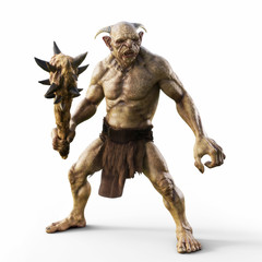 Wall Mural - Portrait of a evil troll with spiked club, ready for battle on an isolated white background. 3d rendering