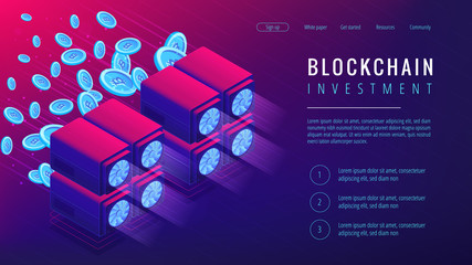 Wall Mural - isometric blockchain investment landing page concept. dedicated servers with mined coins as global c