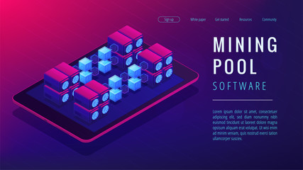 Wall Mural - isometric mining pool landing page concept. joint group of cryptocurrency miners, networking, comput