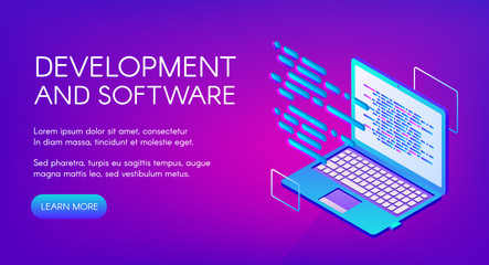 Software development vector illustration of computer digital technology. Programming language or script code for operation system and internet or web applications on purple ultraviolet background