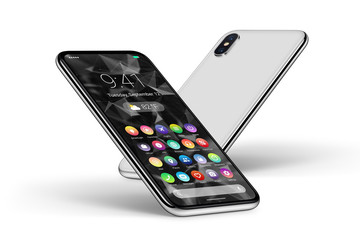 Perspective white smartphones with material design flat UI interface front side and back side