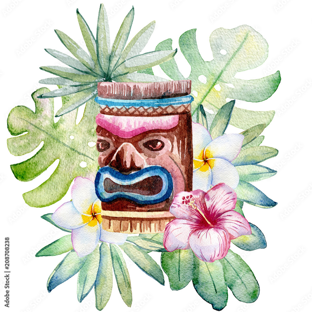tropikalna-akwarela-ilustracja-z-lisci-maski-i-kwiatow