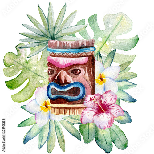 Fototapeta na wymiar Tropical watercolor illustration with leaves, mask and flowers.