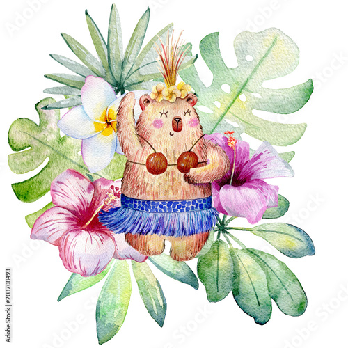 Obraz w ramie Niedźwiedź na tle kwiatów - akwarela