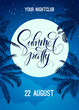 Summer party lettering with night sky, moon and palm tree. Vector template for poster, flyer, invitation, print, banner. Banner with modern calligraphy. Poster for night club party.