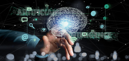Man holding a 3d rendering artificial intelligence concept with a brain and app
