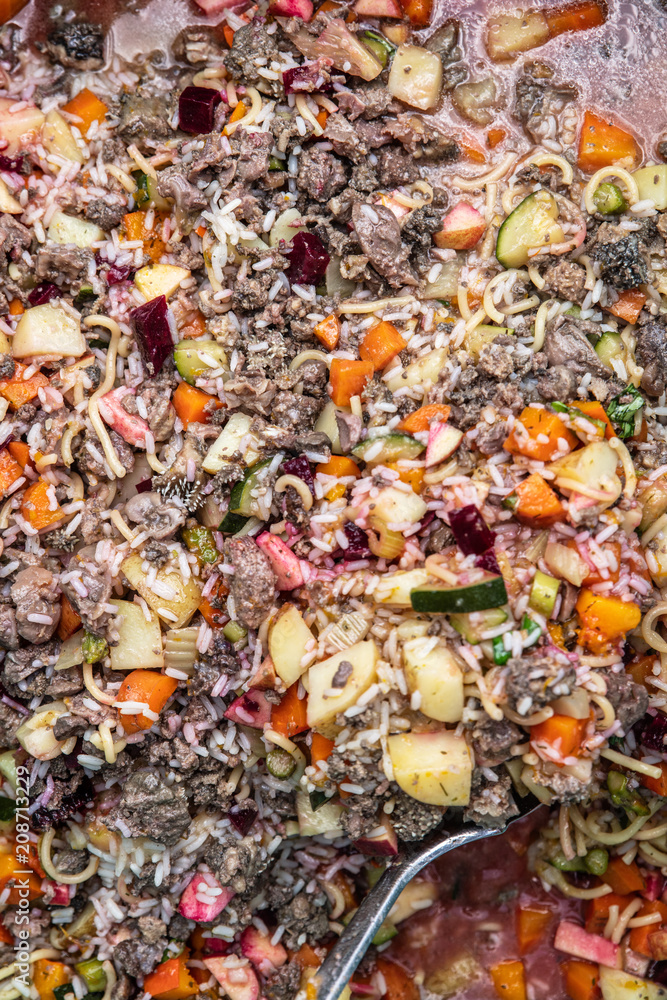 Photo Stock Hundefutter selber kochen, Rezept mit Fleisch, Reis und Gemse,  Futter fr den Hund | Adobe Stock