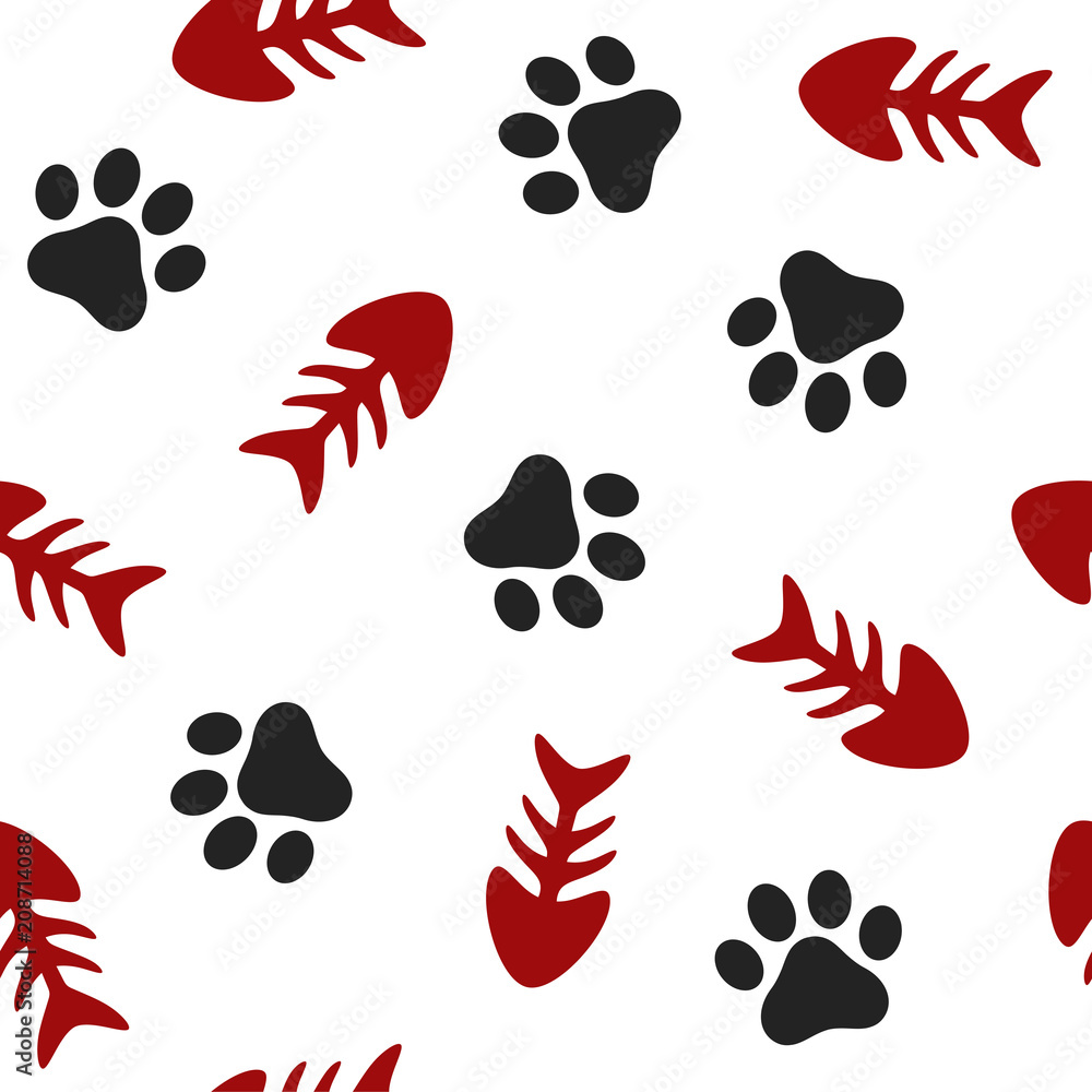 Fishbone and Animal Paw Seamless Pattern Background, Cat and Fish ...