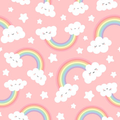 Wall Mural - Cute Cloud Background with Rainbow Seamless Pattern, Cartoon Vector Illustration for Kid