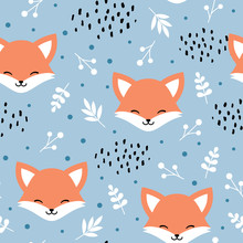 Cute Fox Seamless Pattern, Wolf Hand Drawn Forest Background With Flowers And Dots, Vector Illustration