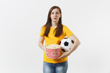 Wall Mural - Shocked sad European woman, football fan holding soccer ball, bucket of popcorn upset of loss or goal of favorite team isolated on white background. Sport, play football, cheer, fans lifestyle concept