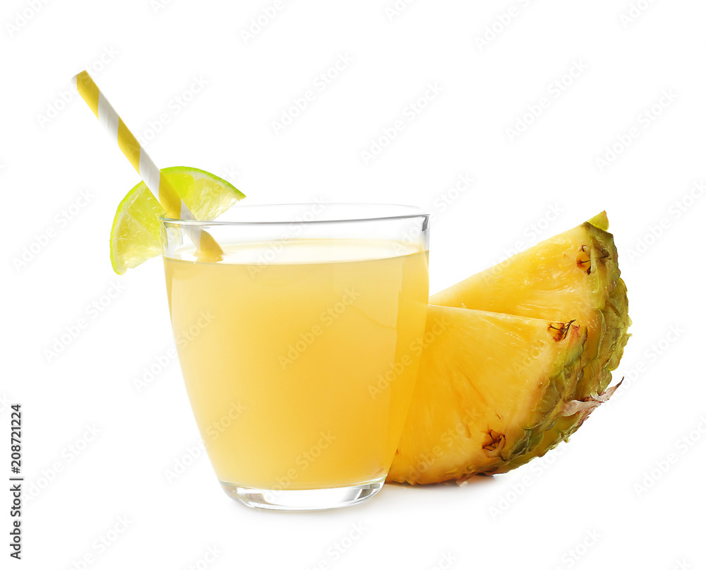 Glass of sweet juice with pineapple slices on white background