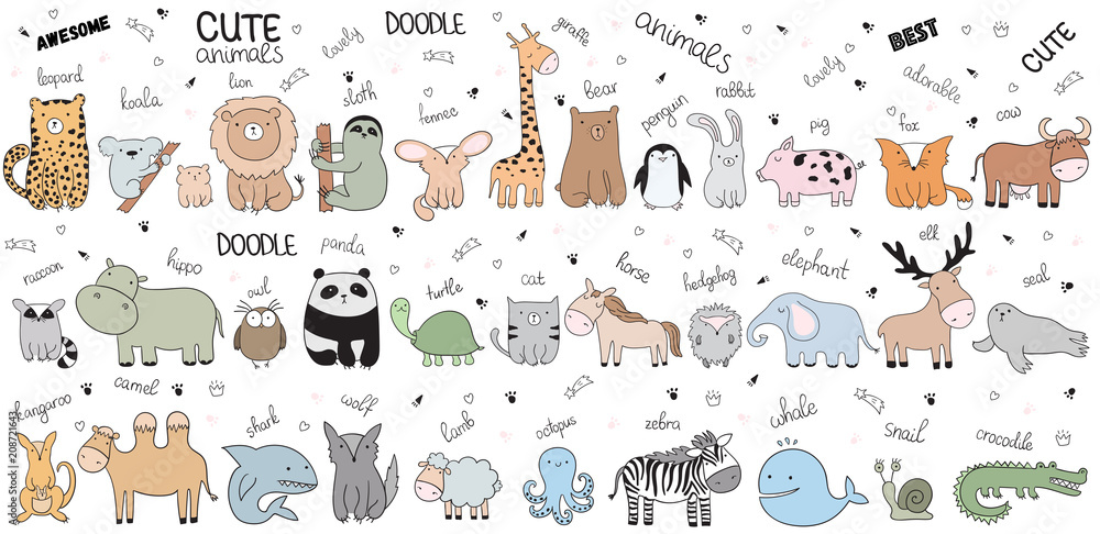 Vector cartoon big set of cute doodle animals - obrazy, fototapety, plakaty 