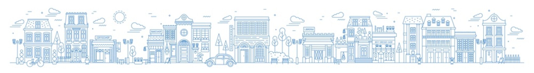 Fototapete - Monochrome horizontal urban landscape with city or town street or district. Cityscape with living houses and shops drawn with contour lines on white background. Vector illustration in lineart style.