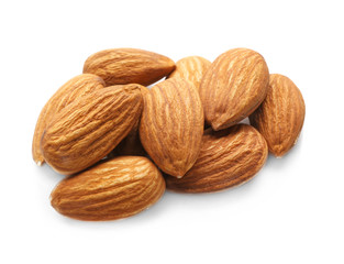 Tasty almond nuts on white background