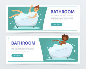 Sticker - Young women taking bubble bath in bathtub banners set, daily hygiene procedure flat vector ilustrations, element for website or mobile app