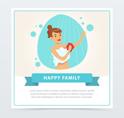 Wall Mural - Young woman taking shower, daily routine hygiene procedure, happy family banner flat vector ilustration, element for website or mobile app