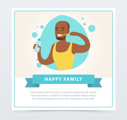 Canvas Print - Man brushing his teeth, happy family banner flat vector ilustration, element for website or mobile app