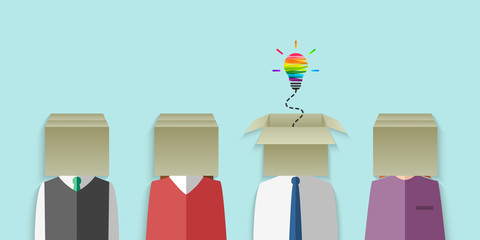 Wall Mural - thinking out of the box and imagination concept. group of people with cardboard box head and colorfu