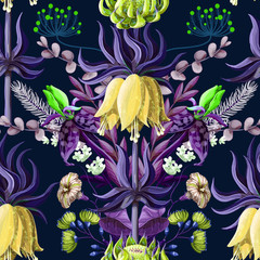 Seamless pattern with tropical flowers in blue color and symmetry composition.